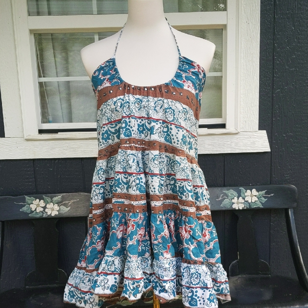 Stylish Halter Dress - Blue and Brown